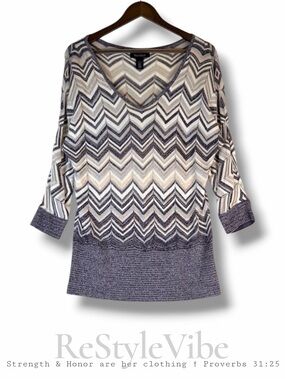 WHITE HOUSE BLACK MARKET Women’s Size L Sweater V-Neck Chevron Sparkle Bling